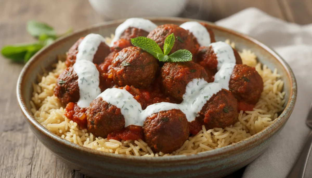 Afghan Meatball and Rice Pilaf with Cooling Yogurt Sauce