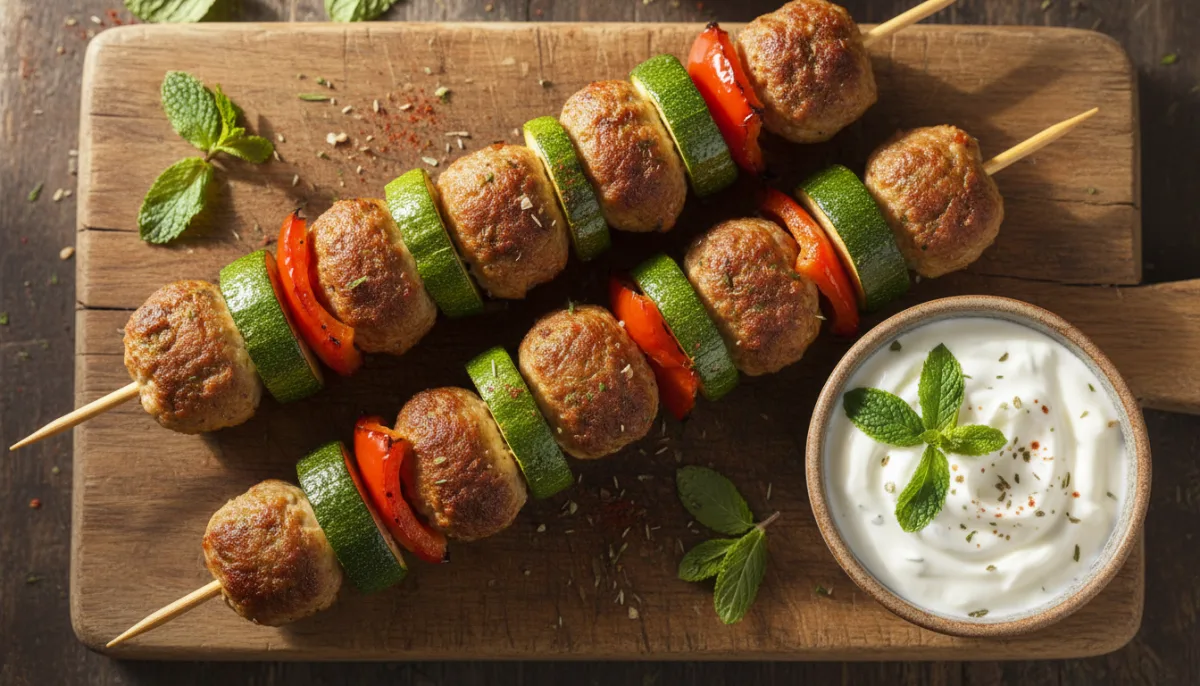Afghan Lamb Kofta and Vegetable Skewers with Yogurt Sauce