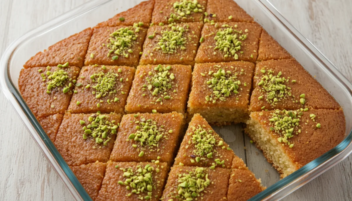 Afghan Sweet Semolina Cake with Pistachios and Syrup (Basbousa)