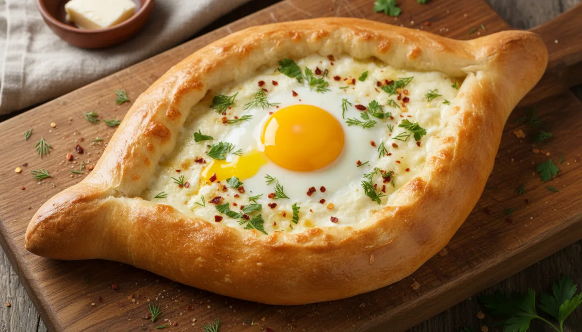 Georgian Adjaruli Khachapuri: Cheese-Filled Bread Boat with a Fried Egg