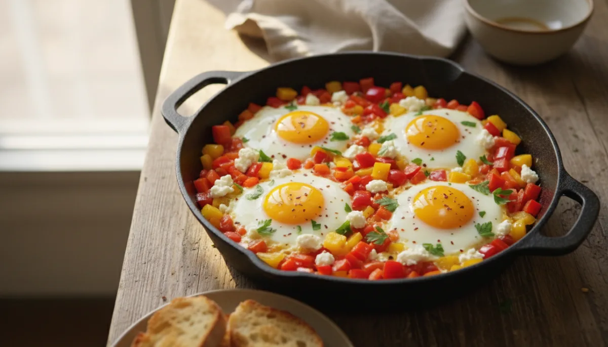 Albanian Baked Eggs with Feta and Peppers (Vezë të Pjekura me Djathë dhe Speca)