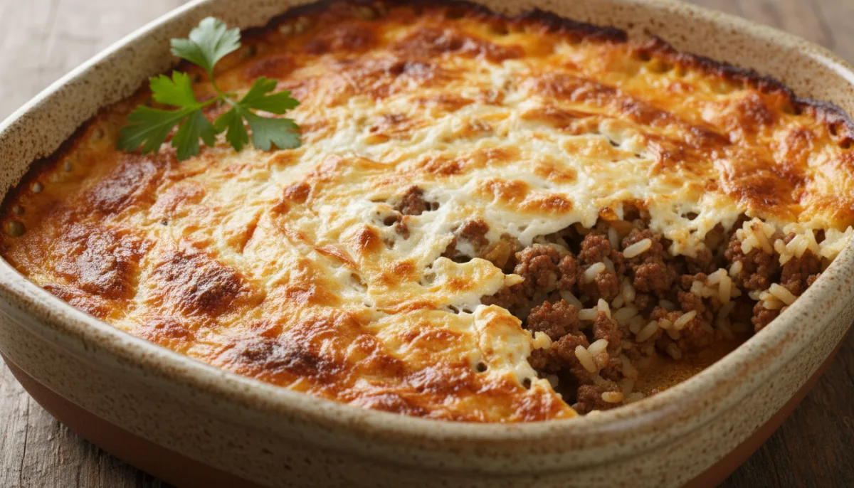 Albanian-Style Ground Beef and Rice Bake