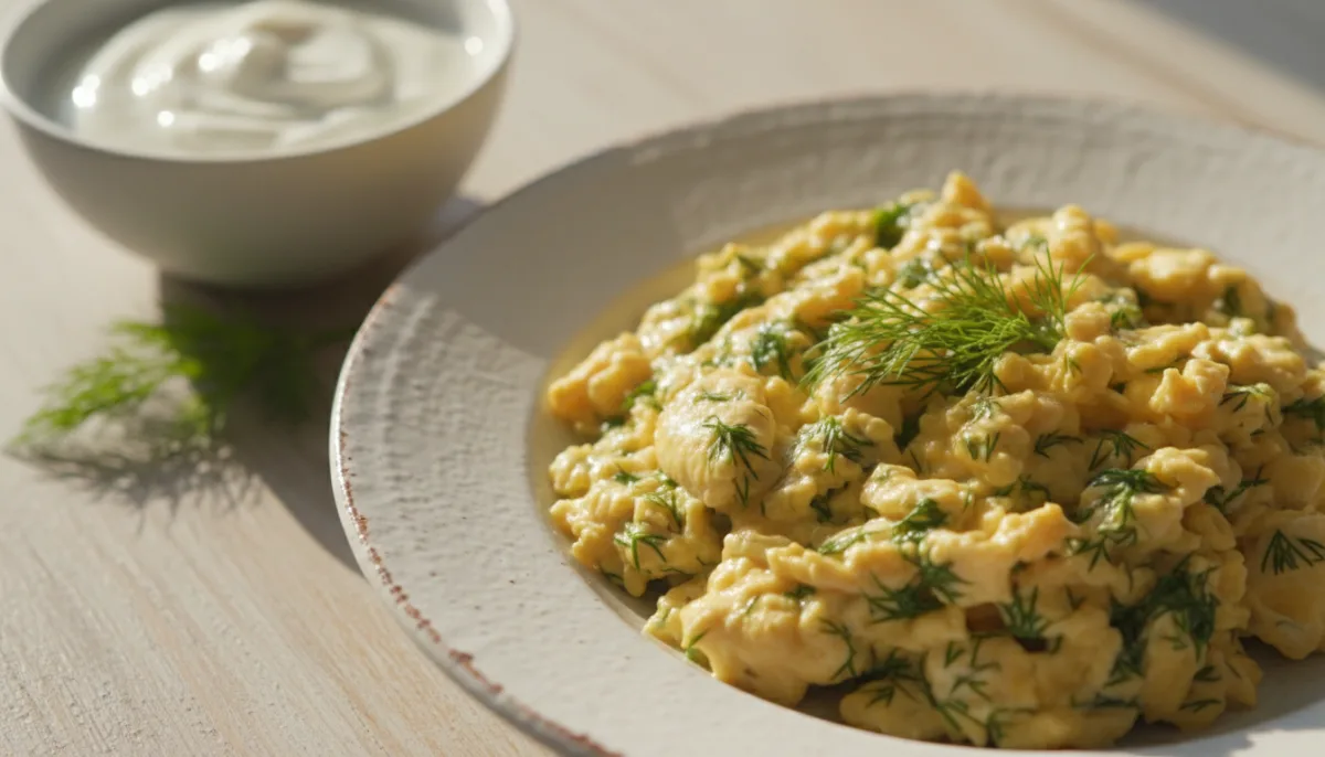 Uova strapazzate albanesi con yogurt e aneto (Vezë me Kos dhe Kopër)