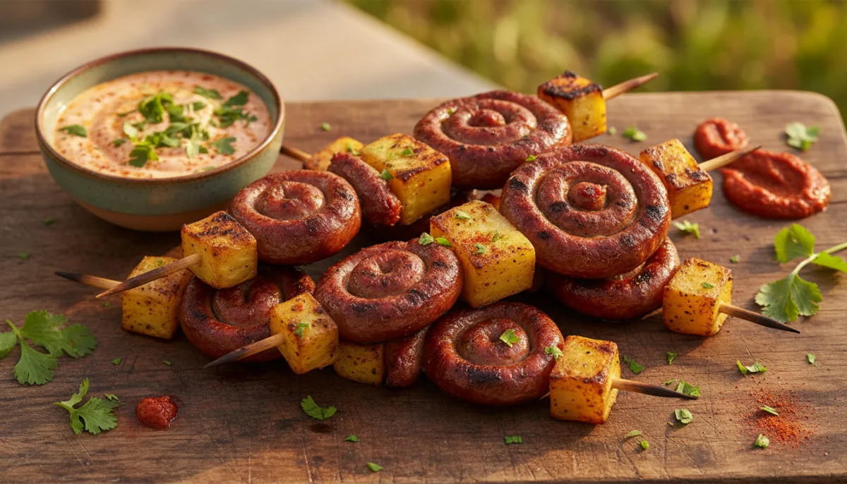 Algerian Merguez Sausage and Potato Skewers with Harissa Yogurt