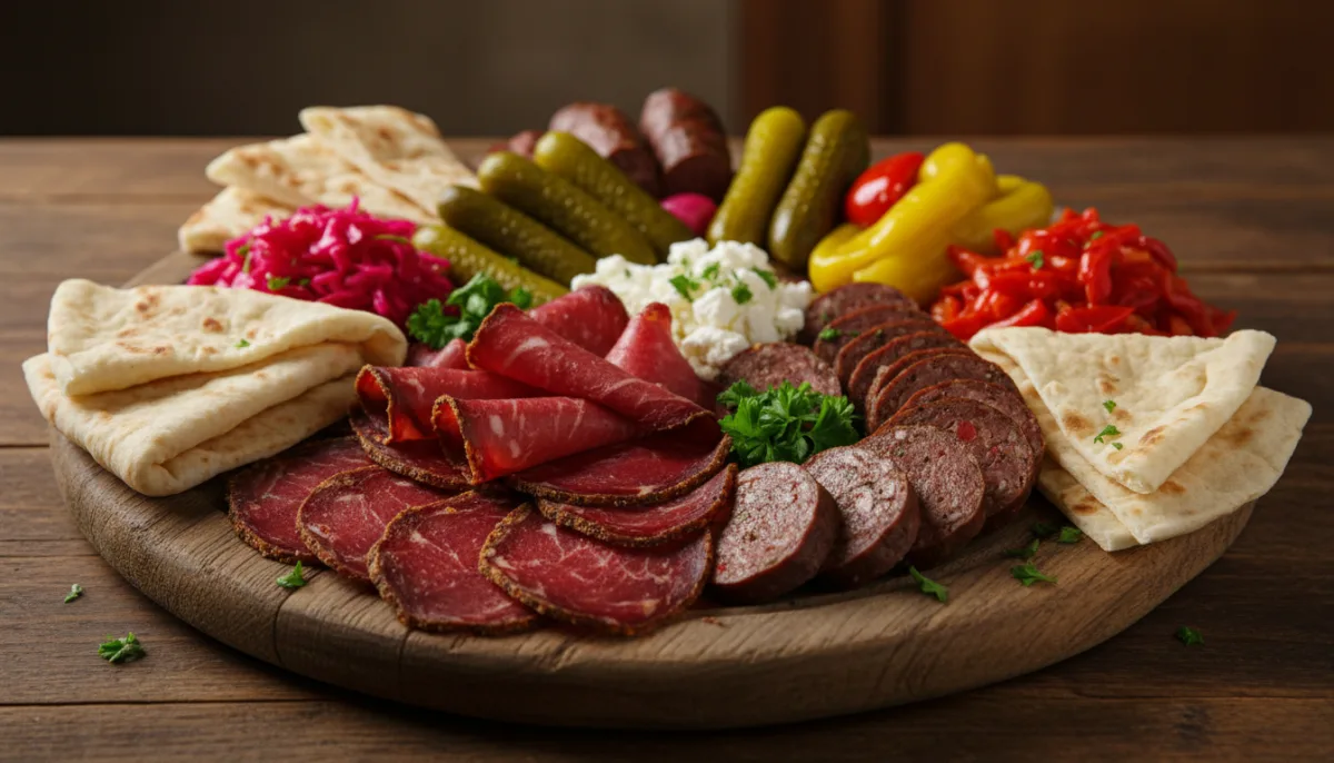 Armenian Basturma and Sujuk Platter with Pickles and Lavash