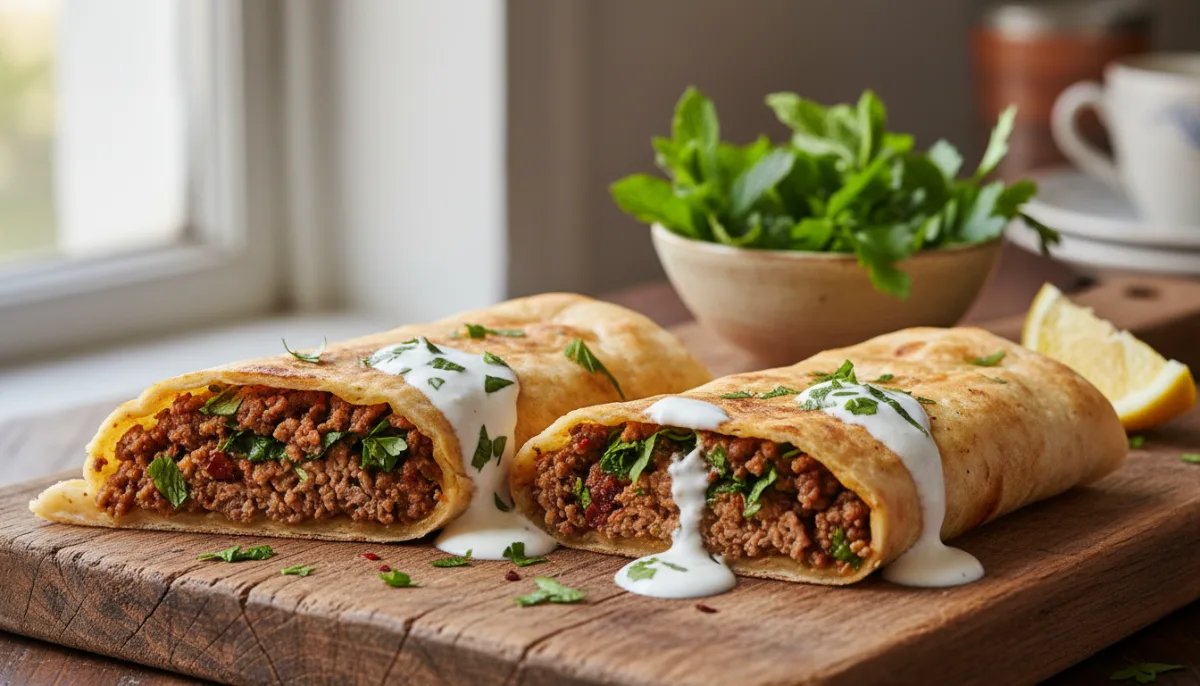 Savory Armenian Lahmajoun Breakfast Wraps with Zesty Herbs and Yogurt