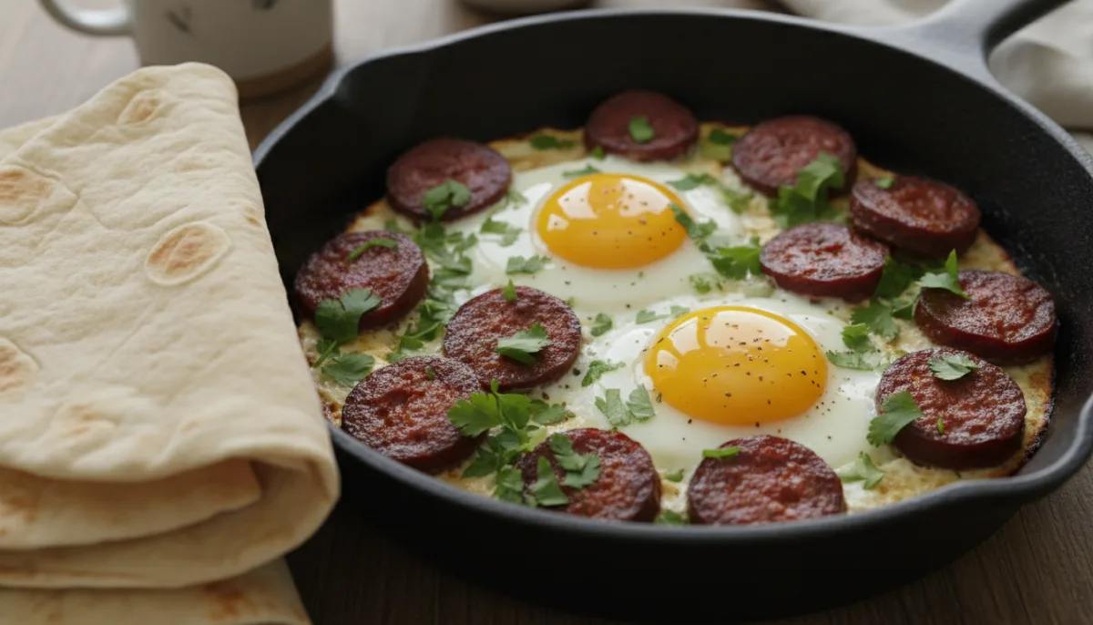 Spicy Sujuk and Eggs with Fresh Herbs and Lavash