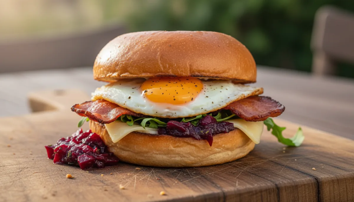 Burger Mëngjesi Australian me Proshutë Krokante, Vezë të Fërguar dhe Relish Panxhari Pikant