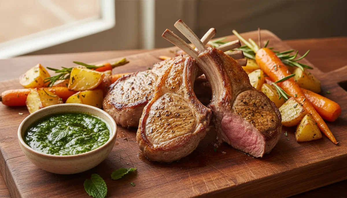 Classic Australian Lamb Chops with Fresh Mint Sauce and Roasted Seasonal Vegetables