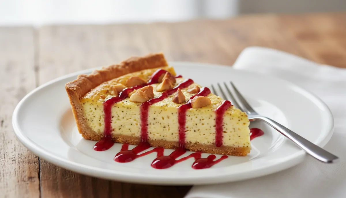 Torta Australiana de Murta Limão e Macadâmia com Coulis de Framboesa