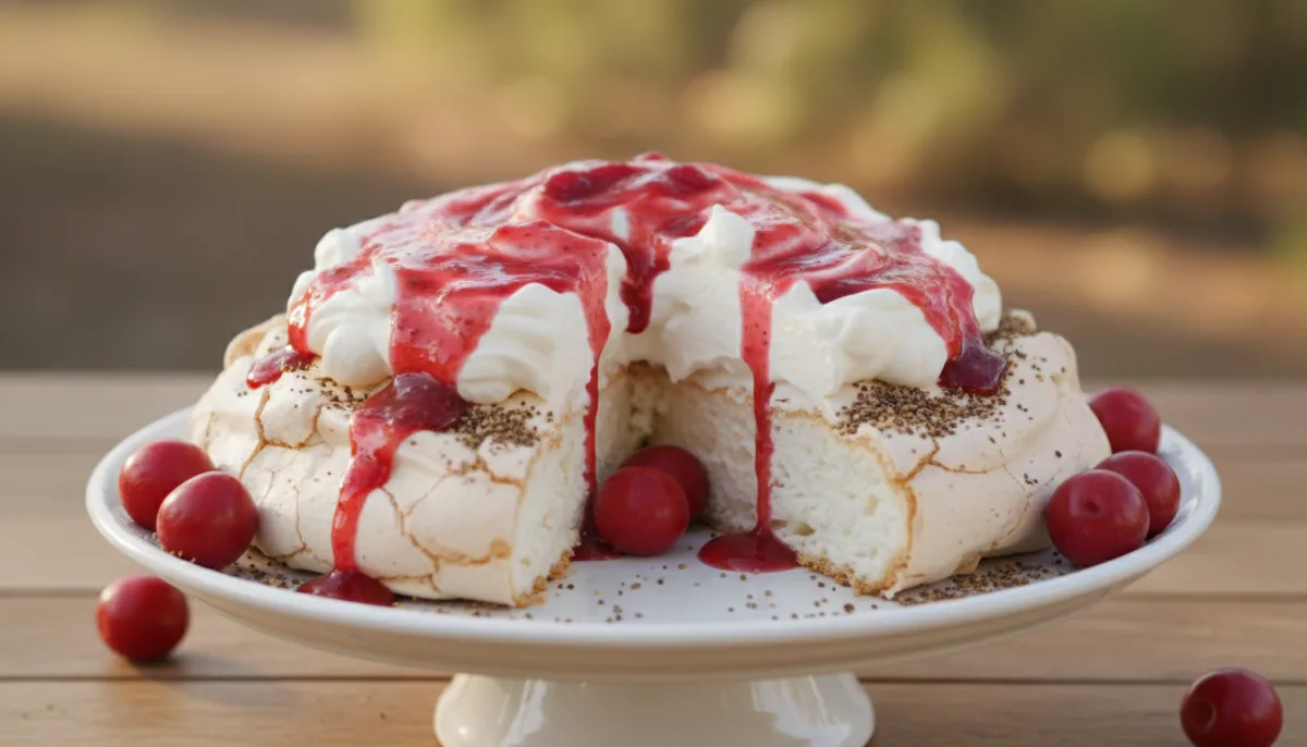 Pavlova Australiana de Semente de Acácia com Coulis de Quandong