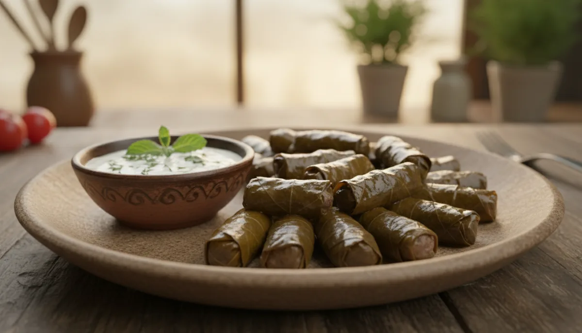 Aserbaidschanische Dolma mit Weinblättern und Joghurtsauce
