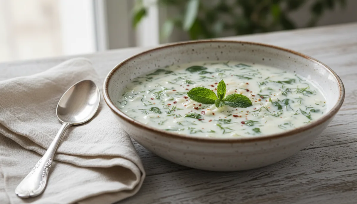 Azerbaijani Dovga (Yogurt Soup) with Herbs and Rice