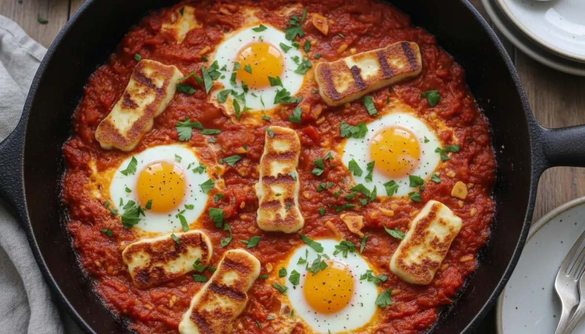 Baked Halloumi and Tomato Eggs