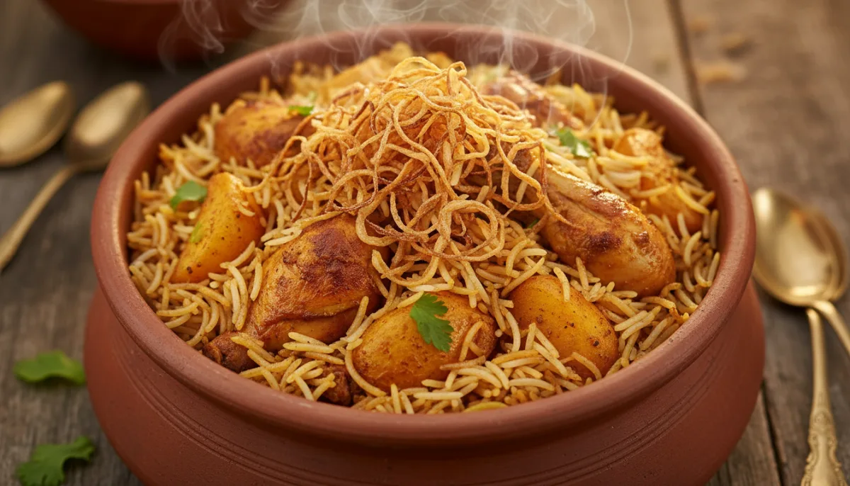 Biryani di Pollo e Patate alla Bengalese con Cipolle Croccanti