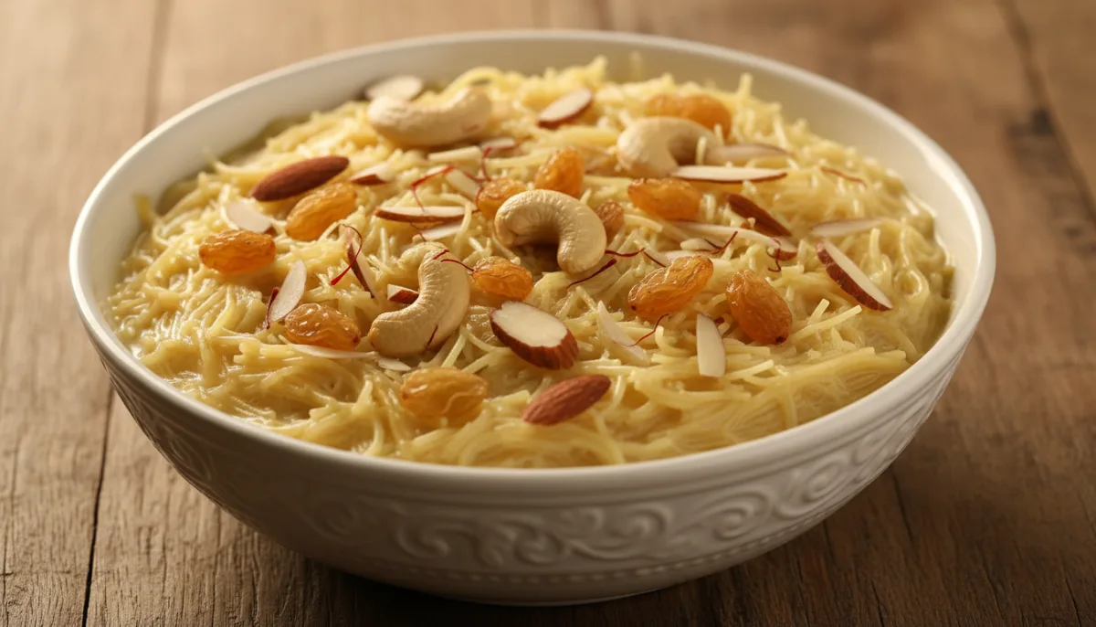 Pudín Dulce de Fideos Finos Bangladesí con Frutos Secos y Pasas (Shemai)