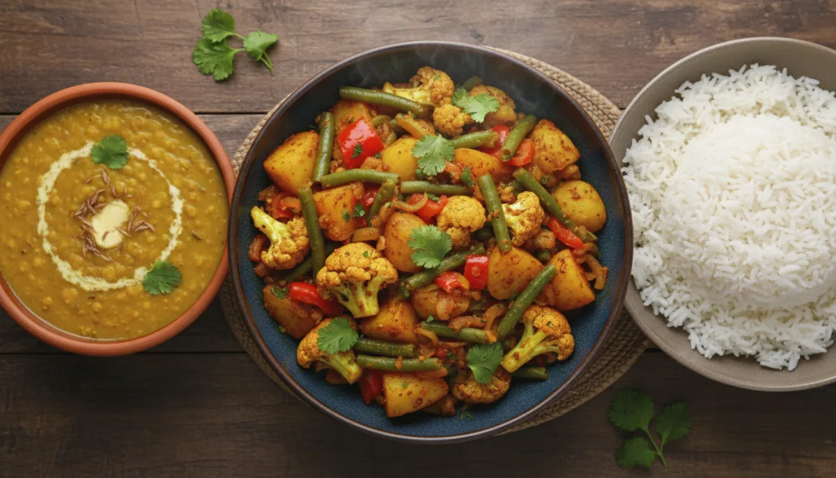 Bangladeschisches Gemüsecurry (Shobji Bhaji) mit Linsen-Dal und gedämpftem Reis