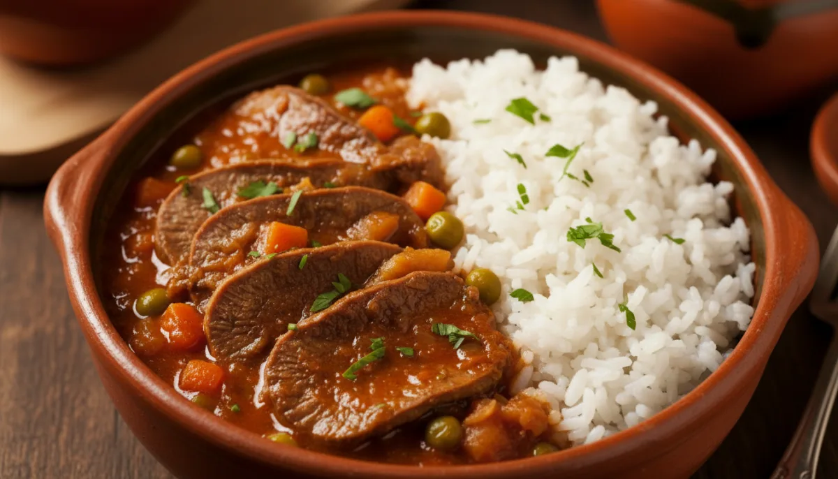 Bolivian Ají de Lengua (Spicy Beef Tongue Stew) with Chuño and Rice
