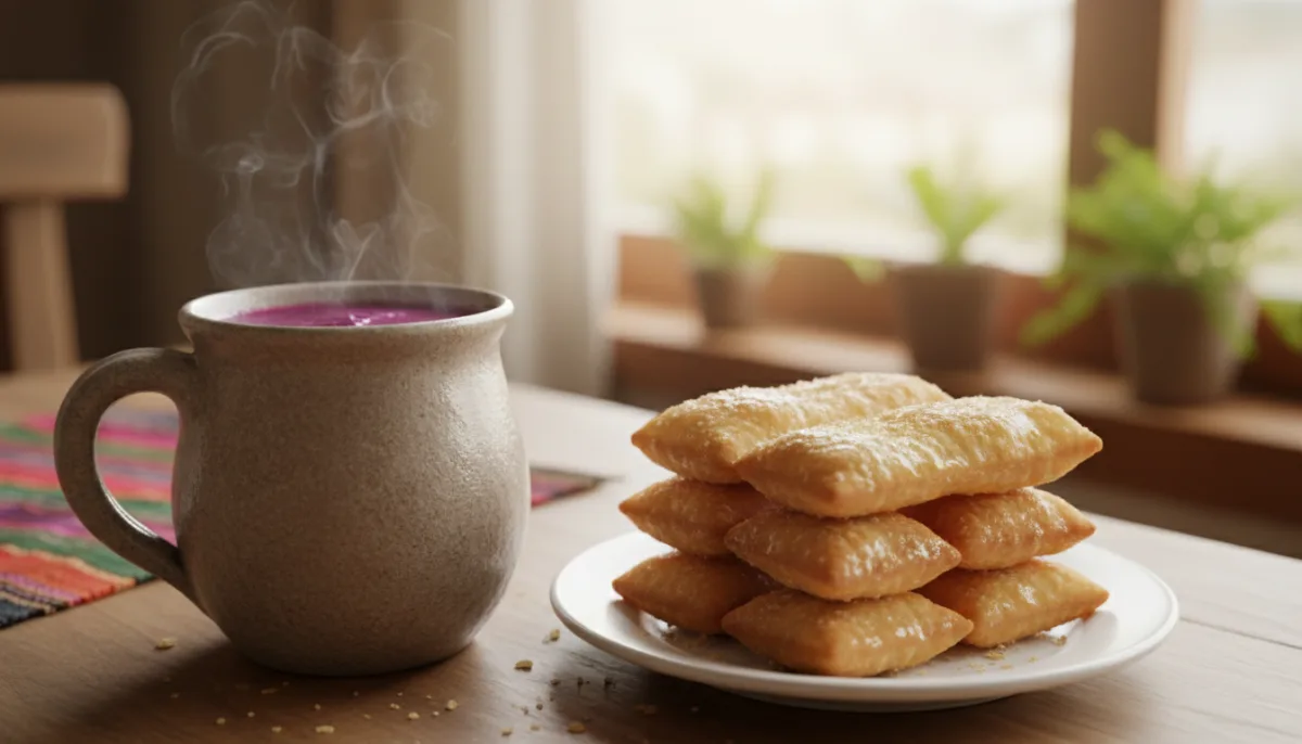 Bolivian Api Morado (Purple Corn Drink) with Pastel Fritos