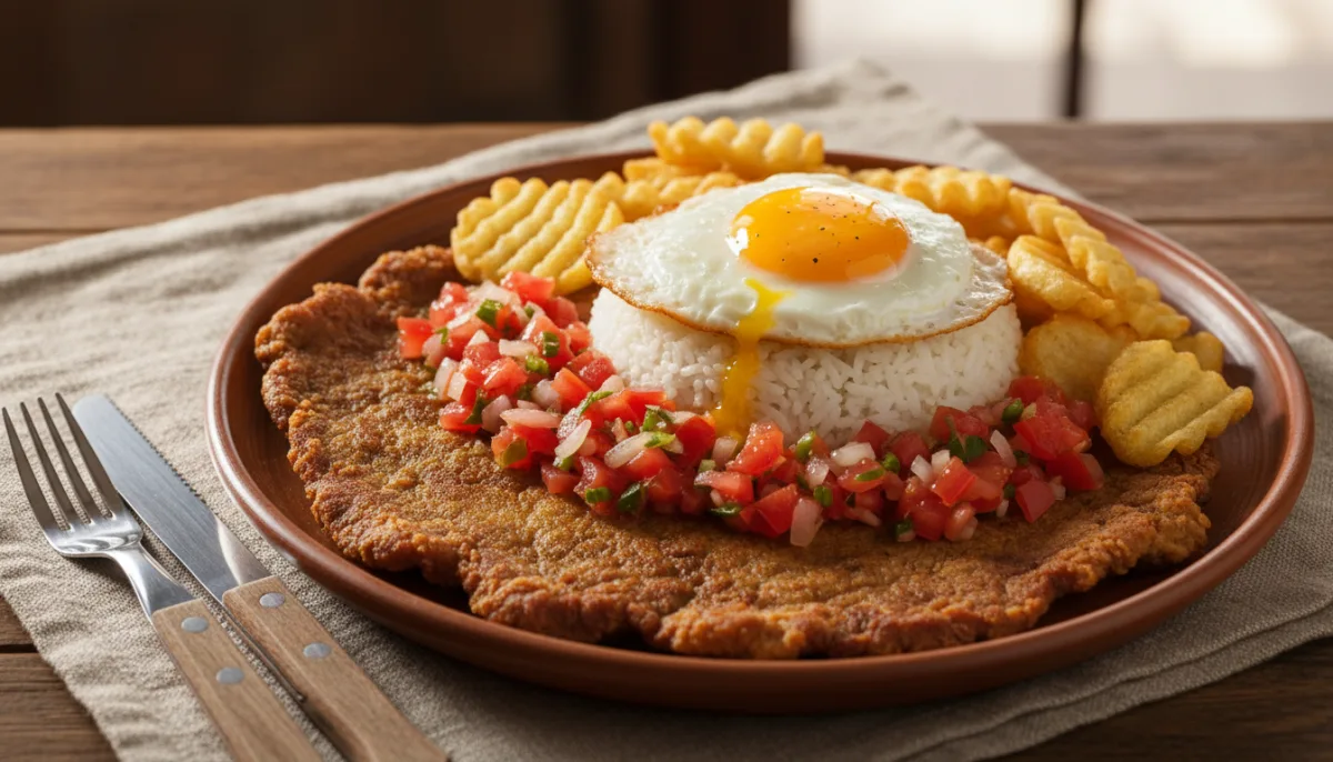 Bolivian Silpancho (Fried Steak and Rice) with Fried Egg and Salsa Llajwa