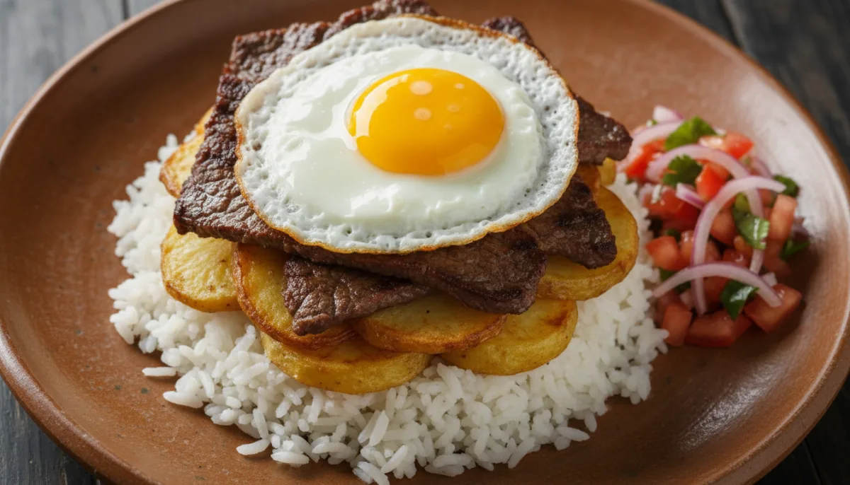 Bolivian Silpancho: Thinly Sliced Beef with Fried Eggs, Rice, and Potatoes