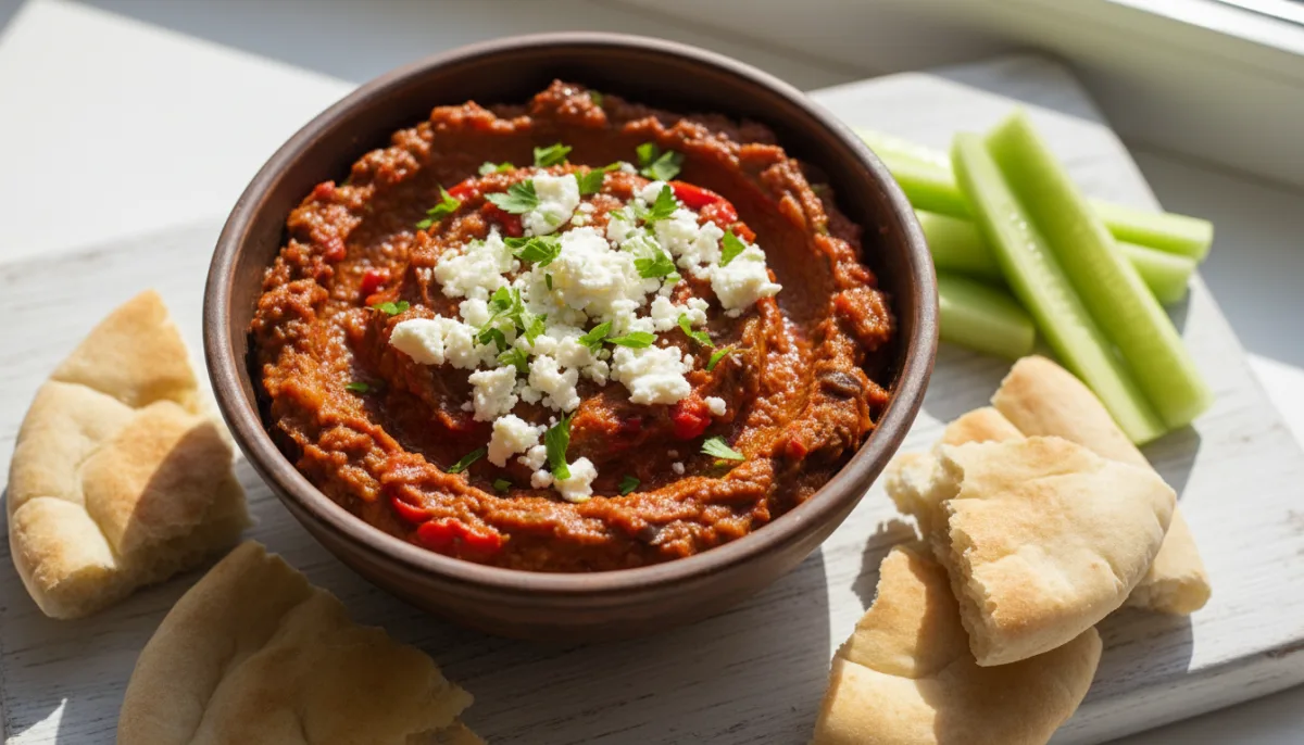 Bulgarian Kyopolou (Roasted Eggplant and Bell Pepper Dip) with Feta