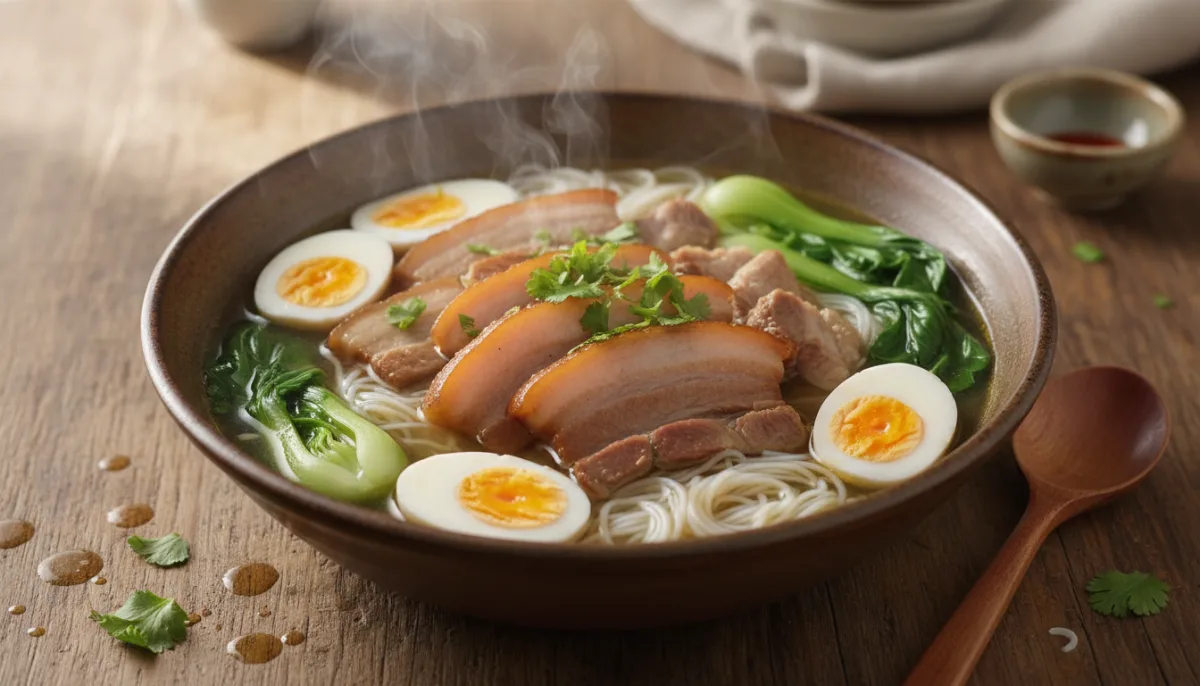Burmesische Kyay Oh (Schweinefleisch-Nudelsuppe) mit Wachteleiern und Grünzeug