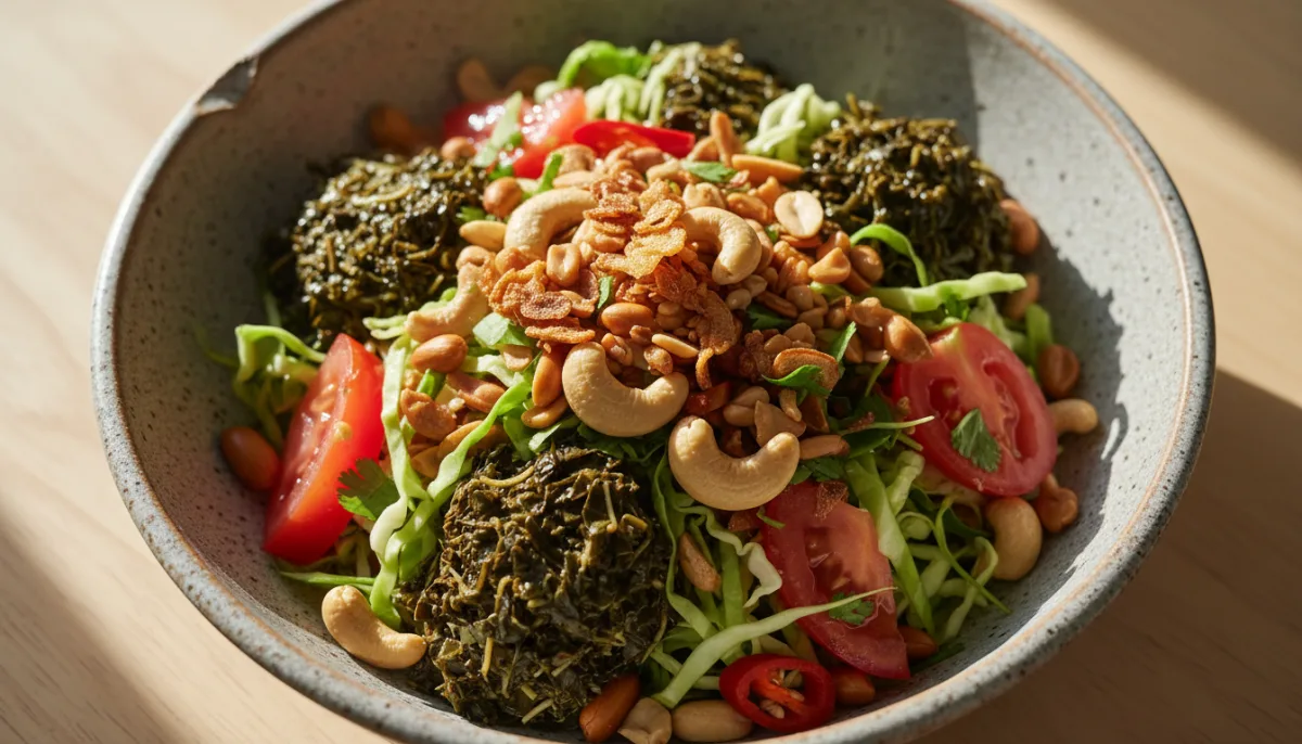 Burmese Laphet Thoke (Tea Leaf Salad) with Toasted Nuts and Crispy Garlic
