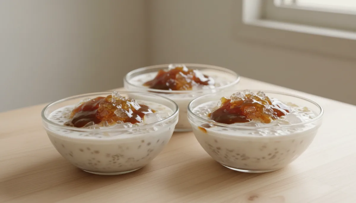 Burmese Mont Let Saung: Tapioca Pearls in Coconut Milk with Jaggery Syrup