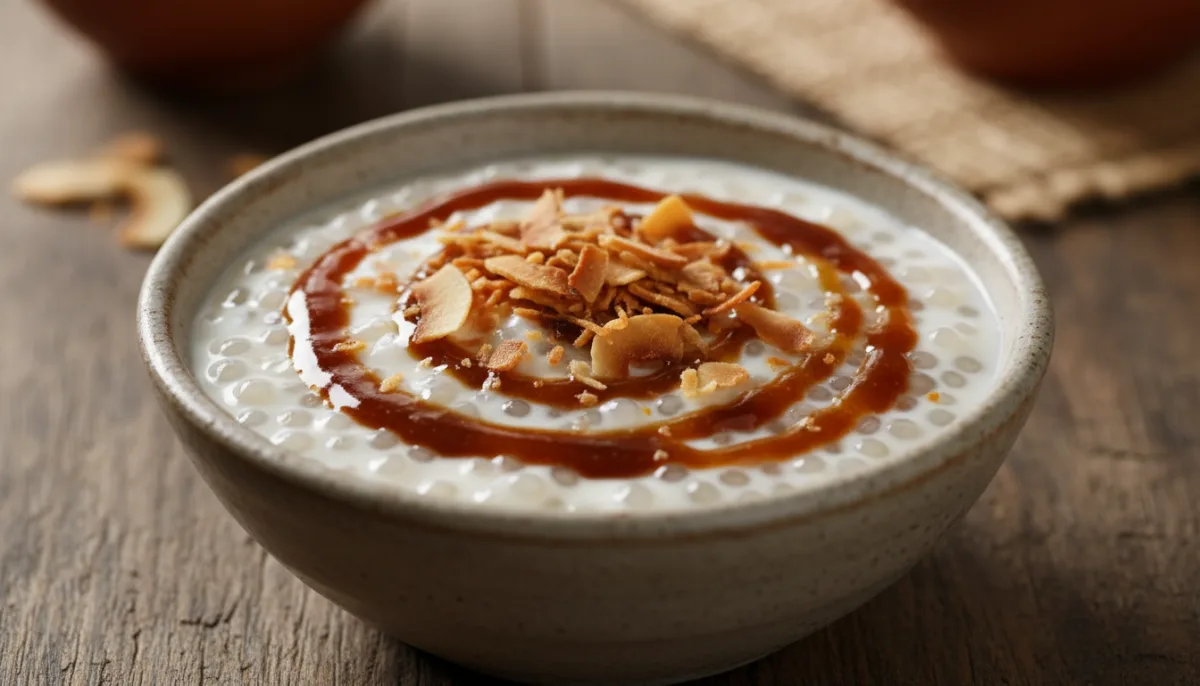 Pudín Birmano de Sagú y Leche de Coco con Jaggery