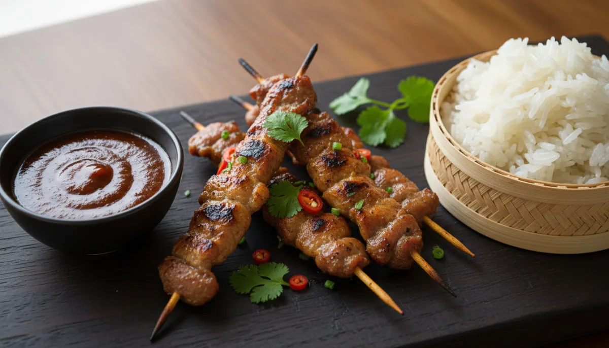 Burmese Pork Skewers (Wet Tha Dote Htoe) with Tangy Tamarind Dip and Sticky Rice