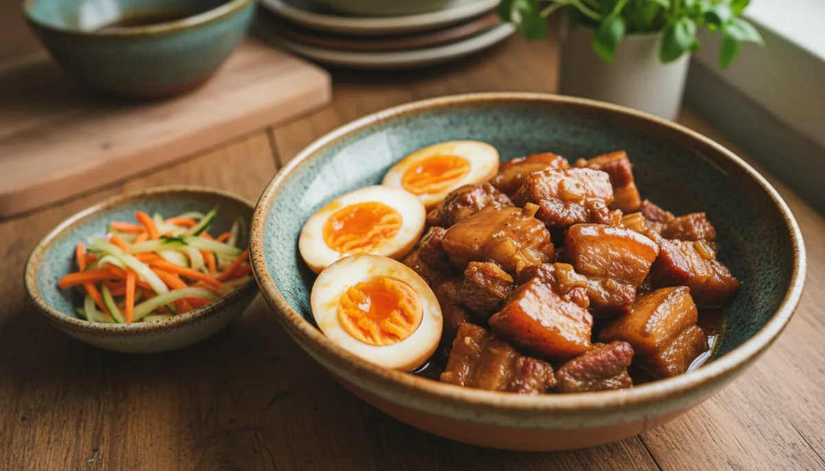 Khmer Caramelized Pork Belly with Eggs and Tangy Pickles
