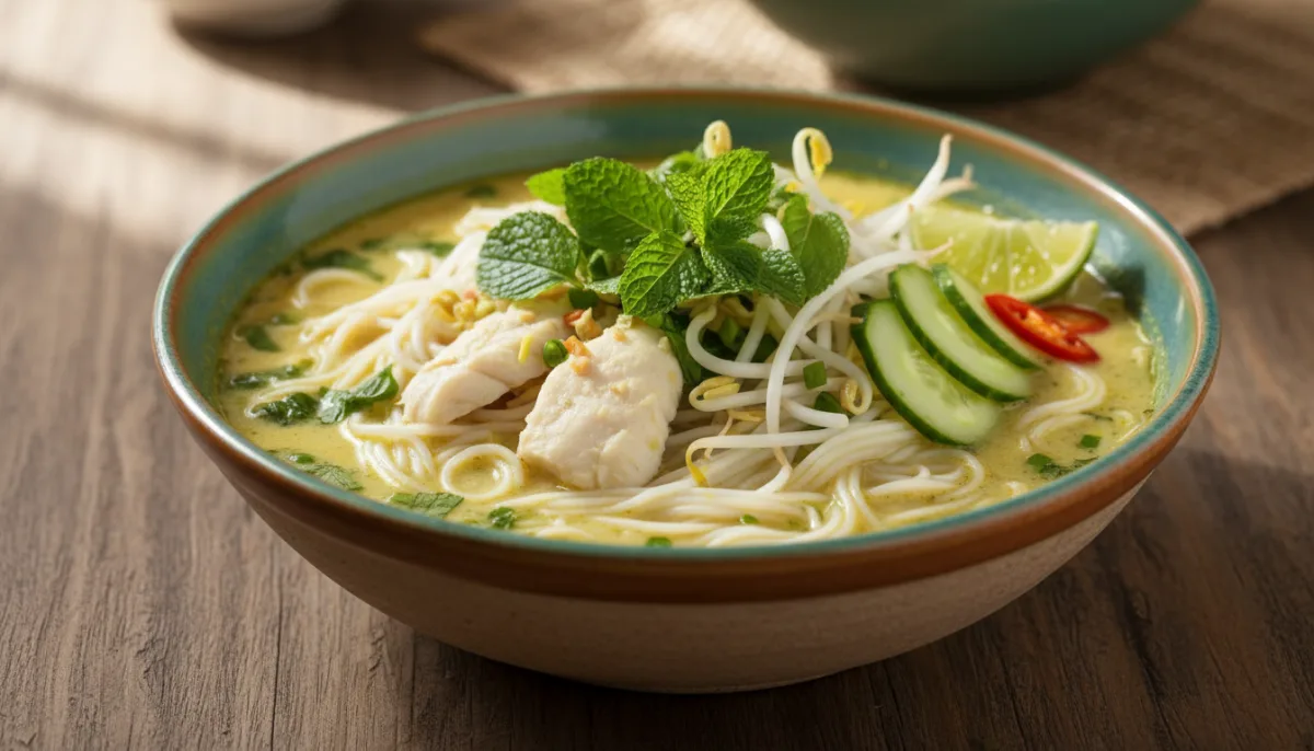 Supë Kamboxhiane me Petë Peshku dhe Paste Peshku të Fermentuar (Nom Banh Chok)