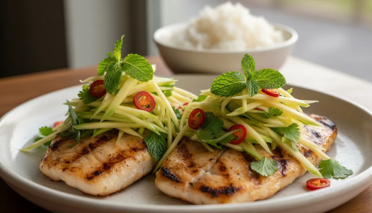 Pesce alla Griglia Cambogiano con Insalata di Mango Verde