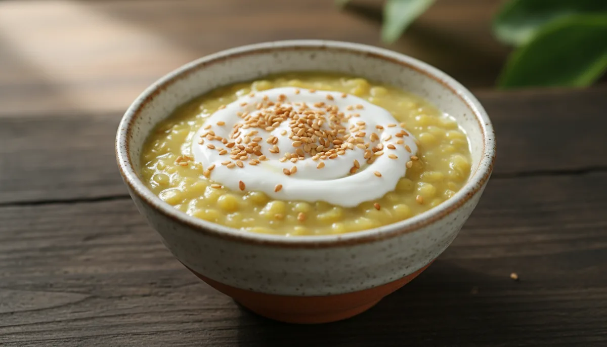 Pudín Camboyano de Frijol Mungo con Crema de Coco y Sésamo