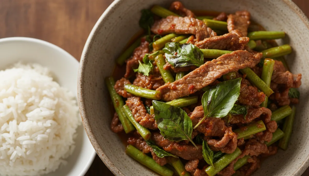 Cambodian Spicy Beef Stir-fry with Holy Basil and Long Beans