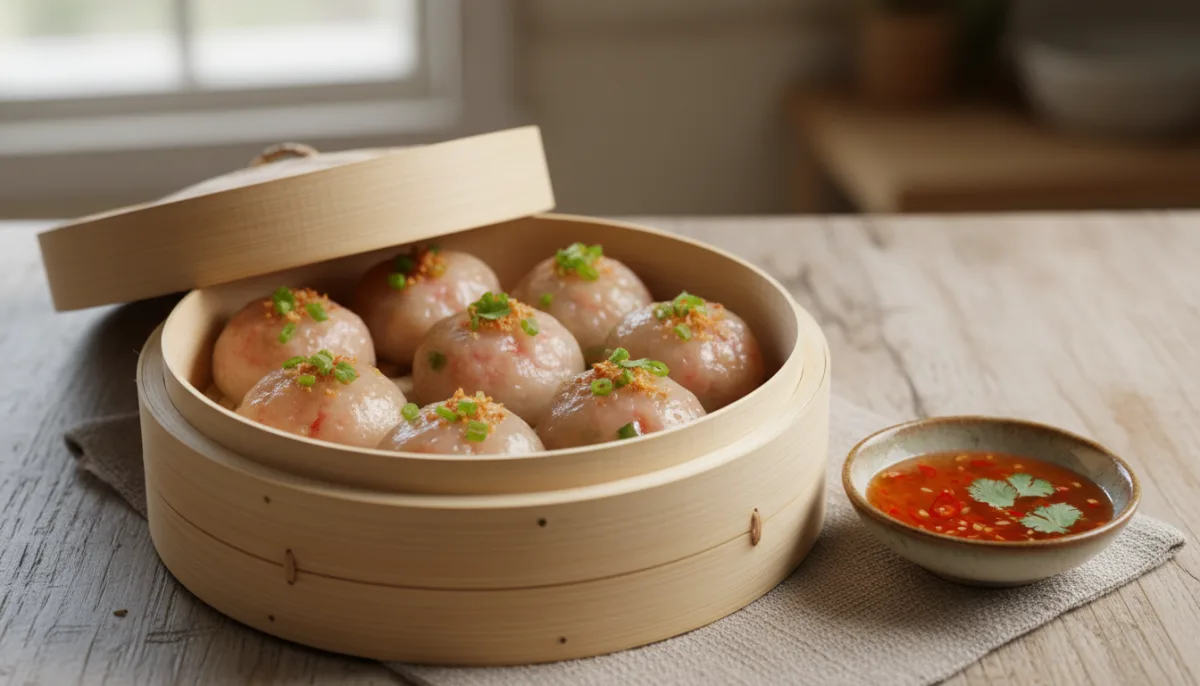 Dumplinga Kamboxhiane me Mish Derri dhe Karkaleca Deti (Num Krok)
