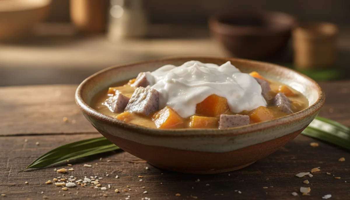 Pudín Camboyano de Batata y Taro con Crema de Coco