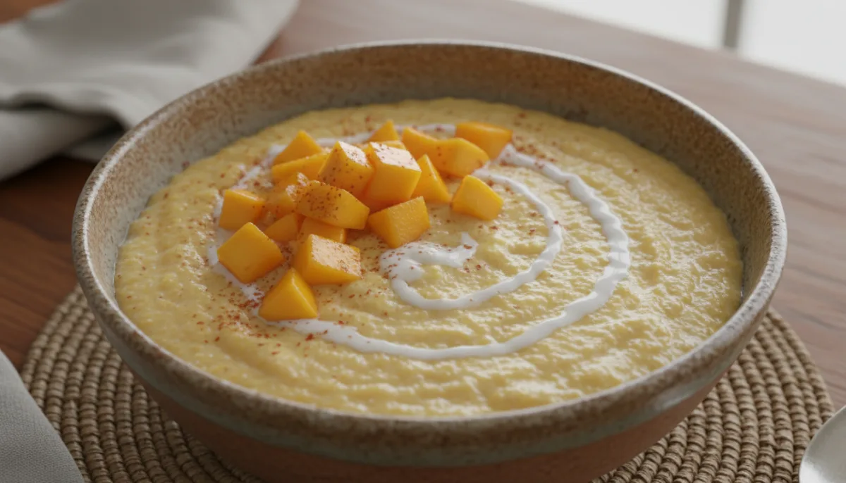 Cameroonian Cornmeal Porridge with Spiced Mango & Coconut Topping