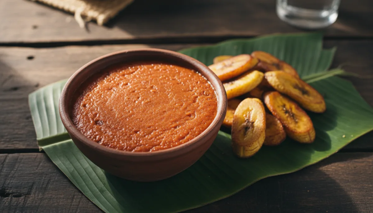 Kamerunische Koki-Bohnen (Pudding aus Schwarzaugenbohnen) mit Kochbananen