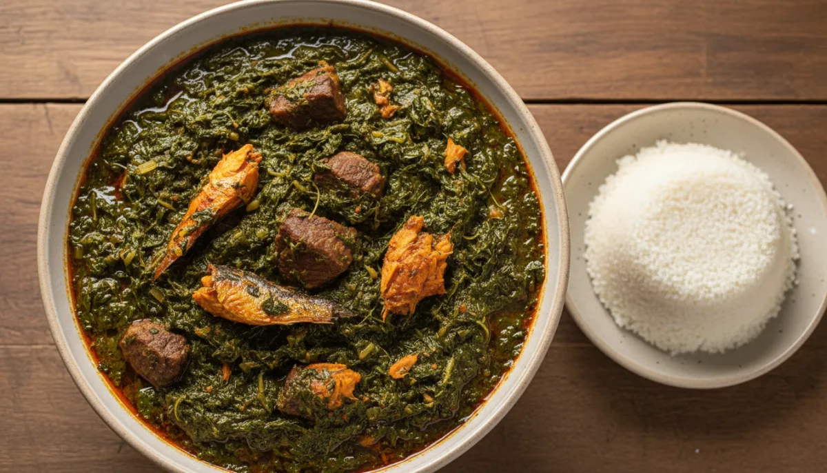 Authentic Cameroonian Ndole (Bitterleaf Stew) with Garri
