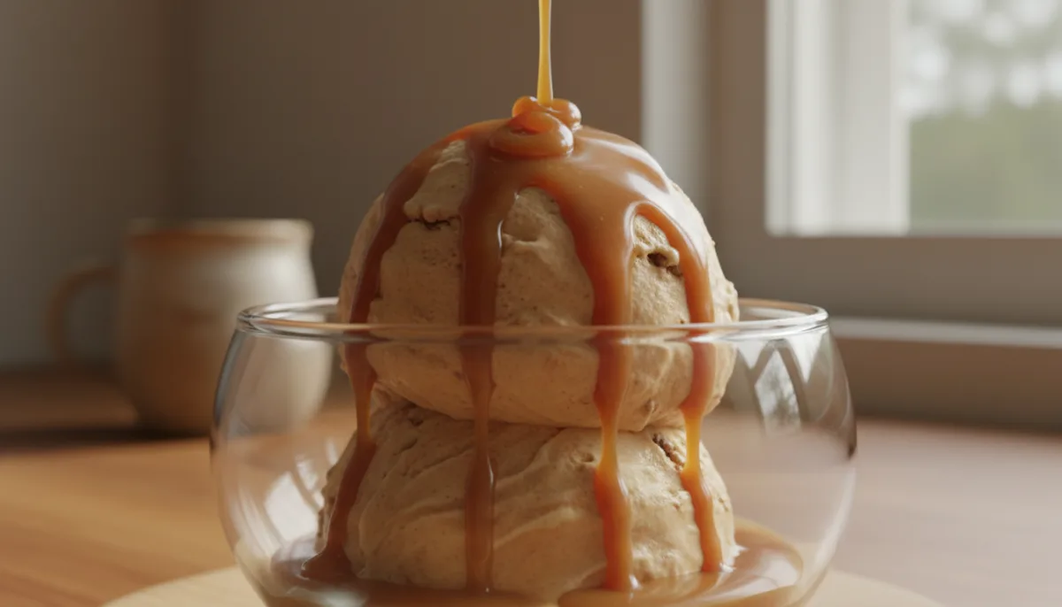 Cameroonian Plantain and Peanut Butter Ice Cream with Caramel Drizzle