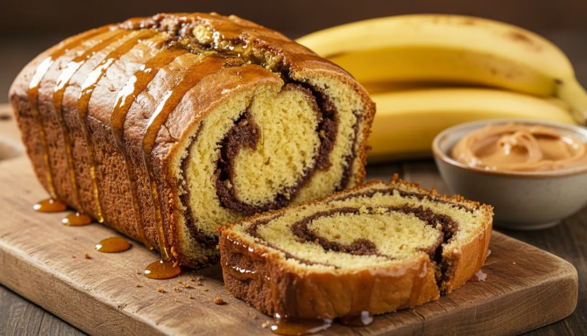 Cameroonian Plantain and Peanut Butter Swirl Bread with Honey Glaze