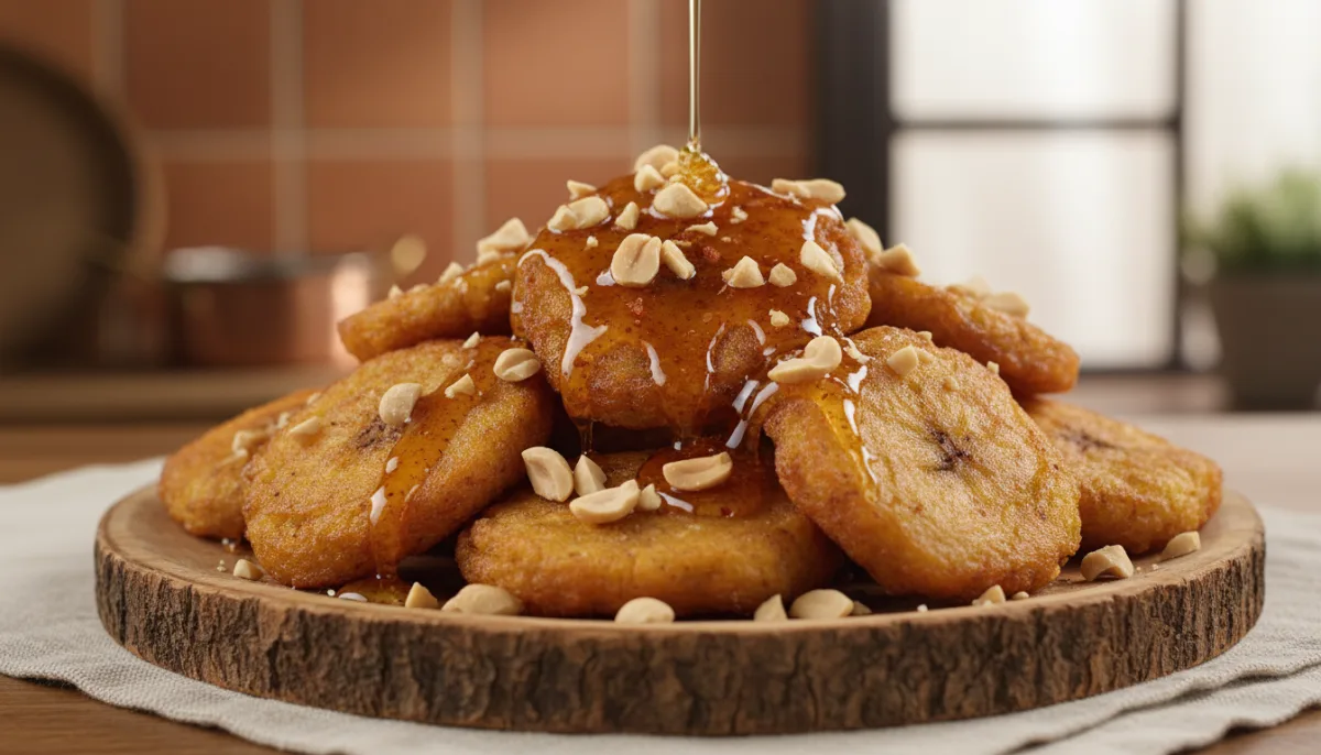 Cameroonian Plantain Fritters with Spiced Honey Drizzle and Toasted Peanuts