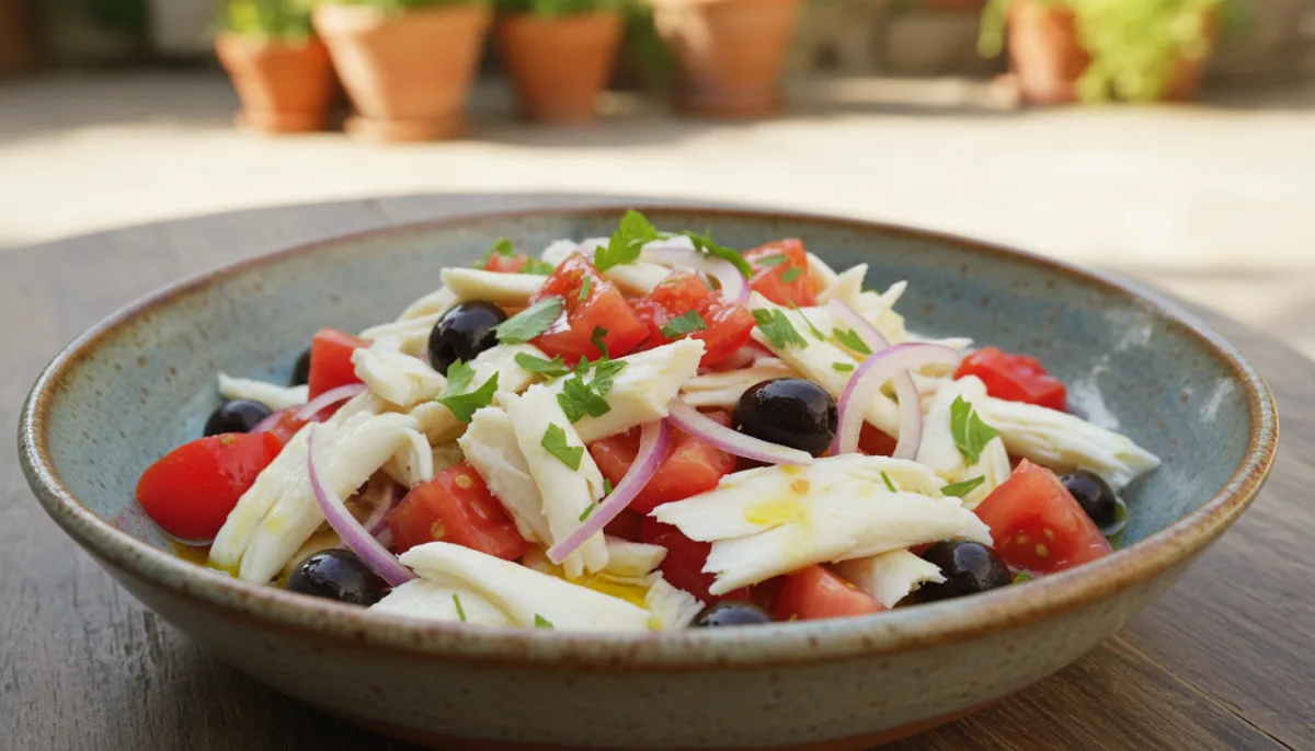 Katalanische Esqueixada de Bacallà (Stockfischsalat) mit Tomaten und Oliven