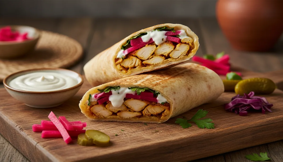 Hähnchen-Shawarma-Wrap mit Tahini-Sauce und eingelegtem Gemüse