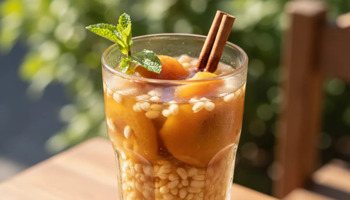 Chilean Mote con Huesillo: Dried Peaches & Wheat Berries in Spiced Syrup