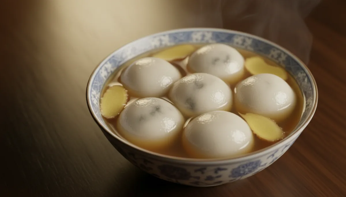 Tangyuan Chinos de Sésamo Negro con Jarabe de Jengibre