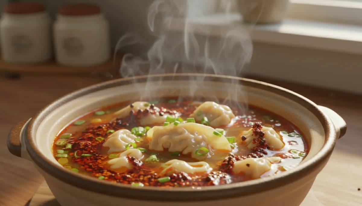 Supë pikante kineze Wonton me vaj djegës