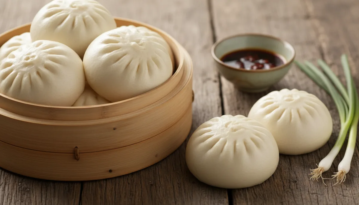 Baozi Kinez me Mish Pule dhe Kërpudha të Ziera në Avull